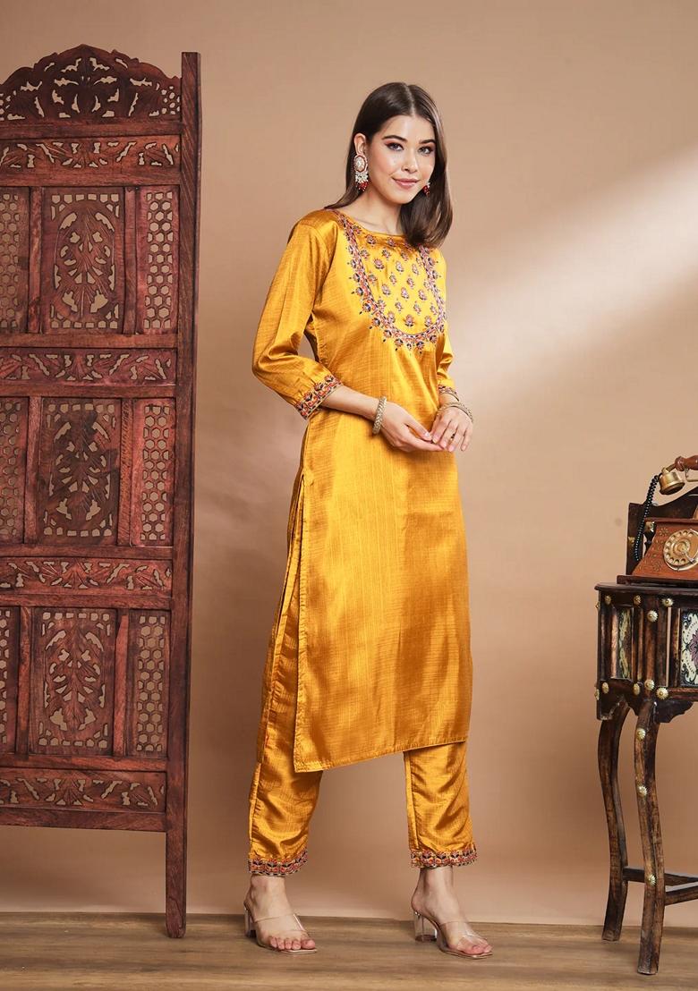 Mustard Yellow Embroidered Pure Cotton Salwar Kameez With Dupatta