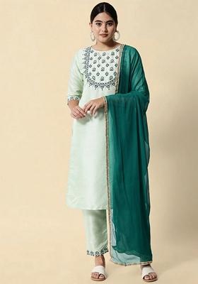 Blue Embroidered Pure Cotton Salwar Kameez With Dupatta