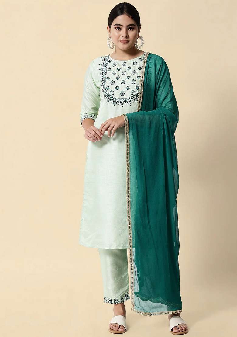 Blue Embroidered Pure Cotton Salwar Kameez With Dupatta - Indya