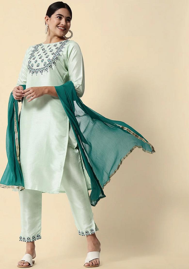 Blue Embroidered Pure Cotton Salwar Kameez With Dupatta