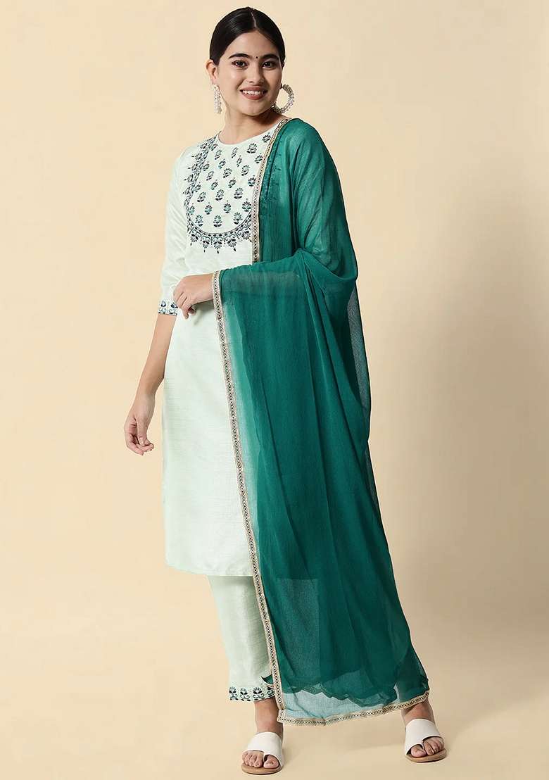 Blue Embroidered Pure Cotton Salwar Kameez With Dupatta - Indya