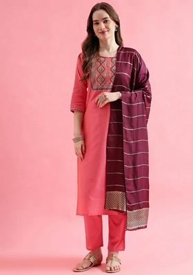 Peach Embroidered Pure Cotton Salwar Kameez With Dupatta