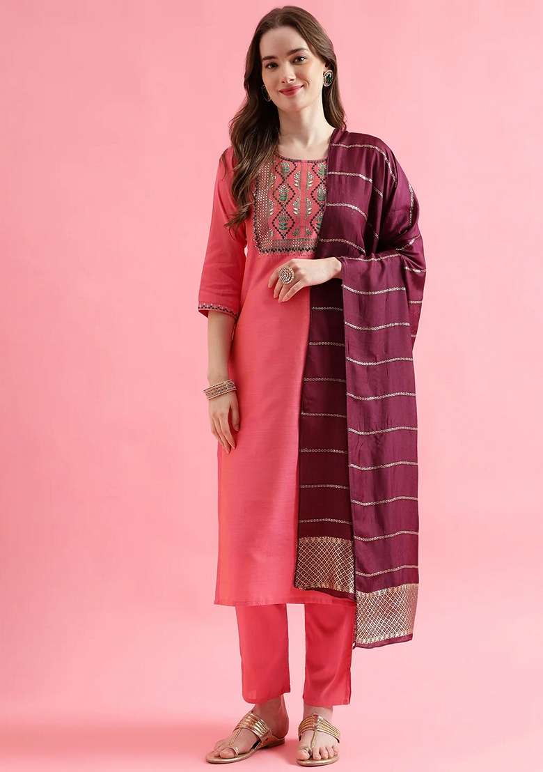 Peach Embroidered Pure Cotton Salwar Kameez With Dupatta - Indya