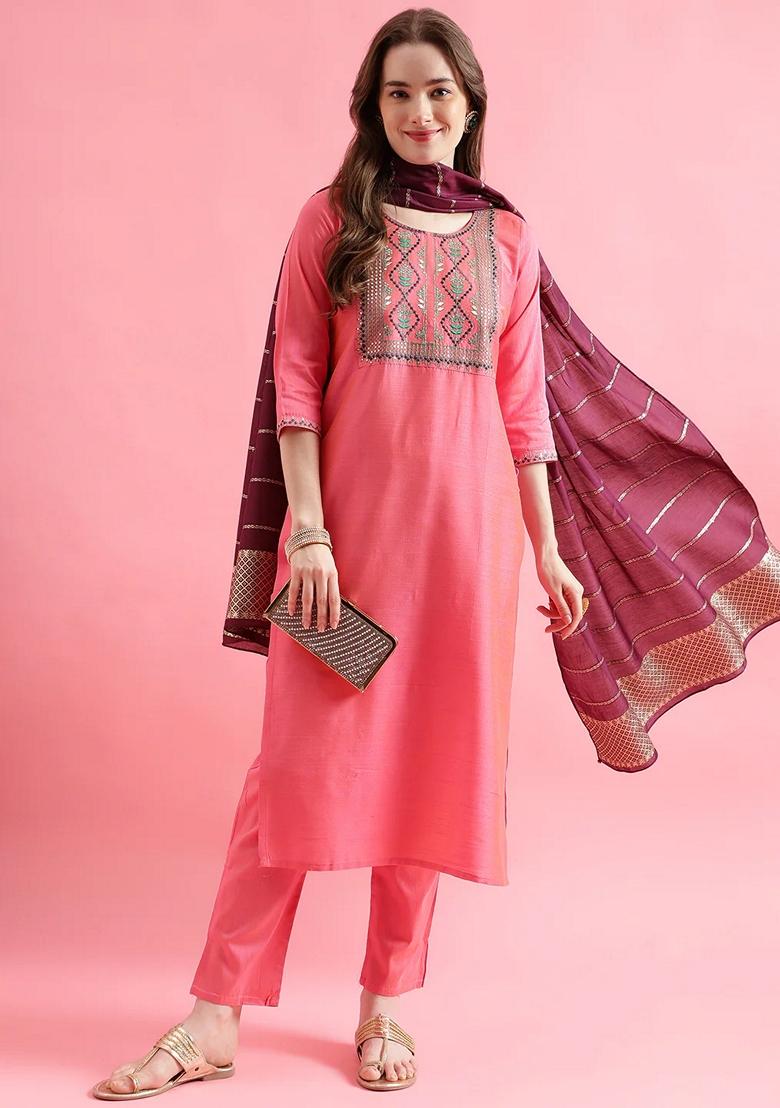 Peach Embroidered Pure Cotton Salwar Kameez With Dupatta