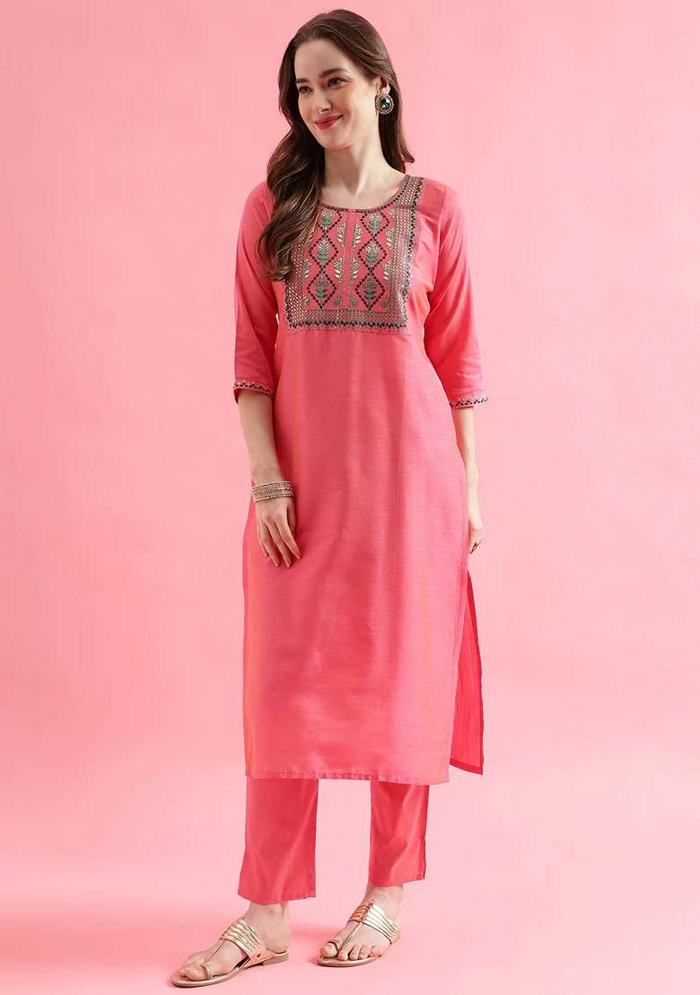 Peach Embroidered Pure Cotton Salwar Kameez With Dupatta - Indya