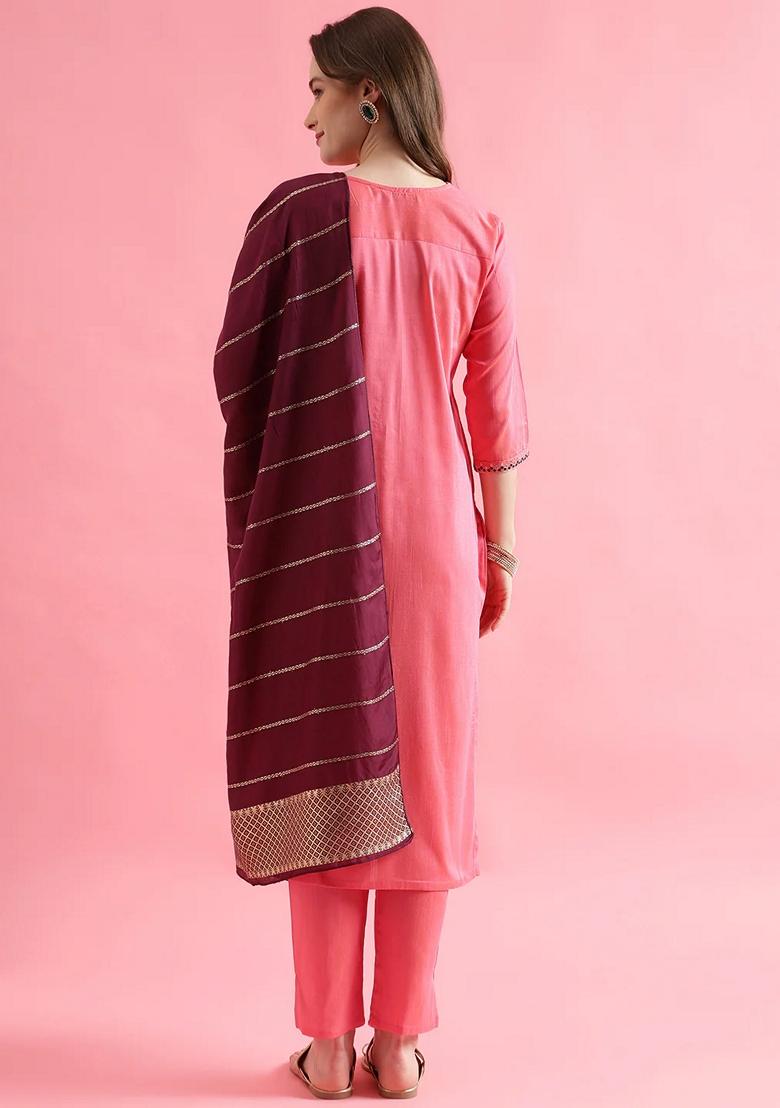 Peach Embroidered Pure Cotton Salwar Kameez With Dupatta
