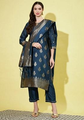 Blue Banarasi Woven Self Designed Pure Cotton Salwar Kameez With Dupatta