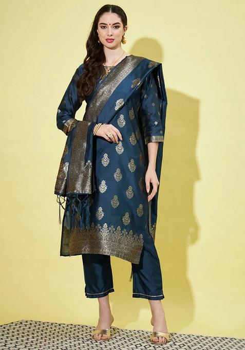 Blue Jacquard Cotton Straight Kurta Set