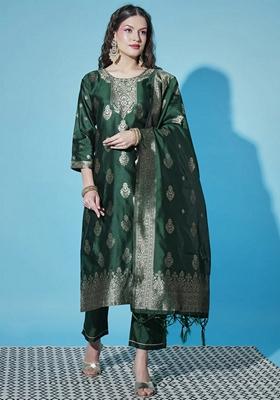 Green Banarasi Woven Self Designed Pure Cotton Salwar Kameez With Dupatta