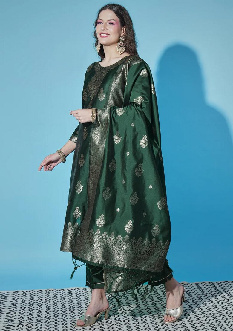Green Banarasi Woven Self Designed Pure Cotton Salwar Kameez With Dupatta