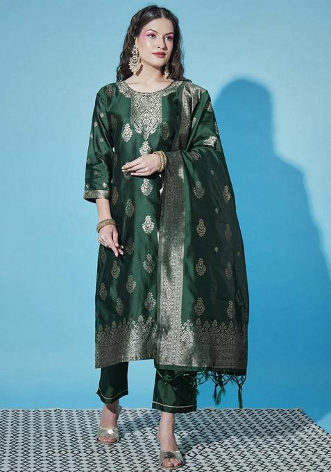 Green Jacquard Cotton Straight Kurta Set
