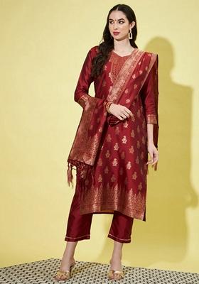 Maroon Banarasi Woven Self Designed Pure Cotton Salwar Kameez With Dupatta