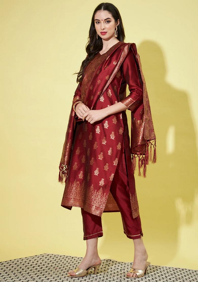 Maroon Banarasi Woven Self Designed Pure Cotton Salwar Kameez With Dupatta