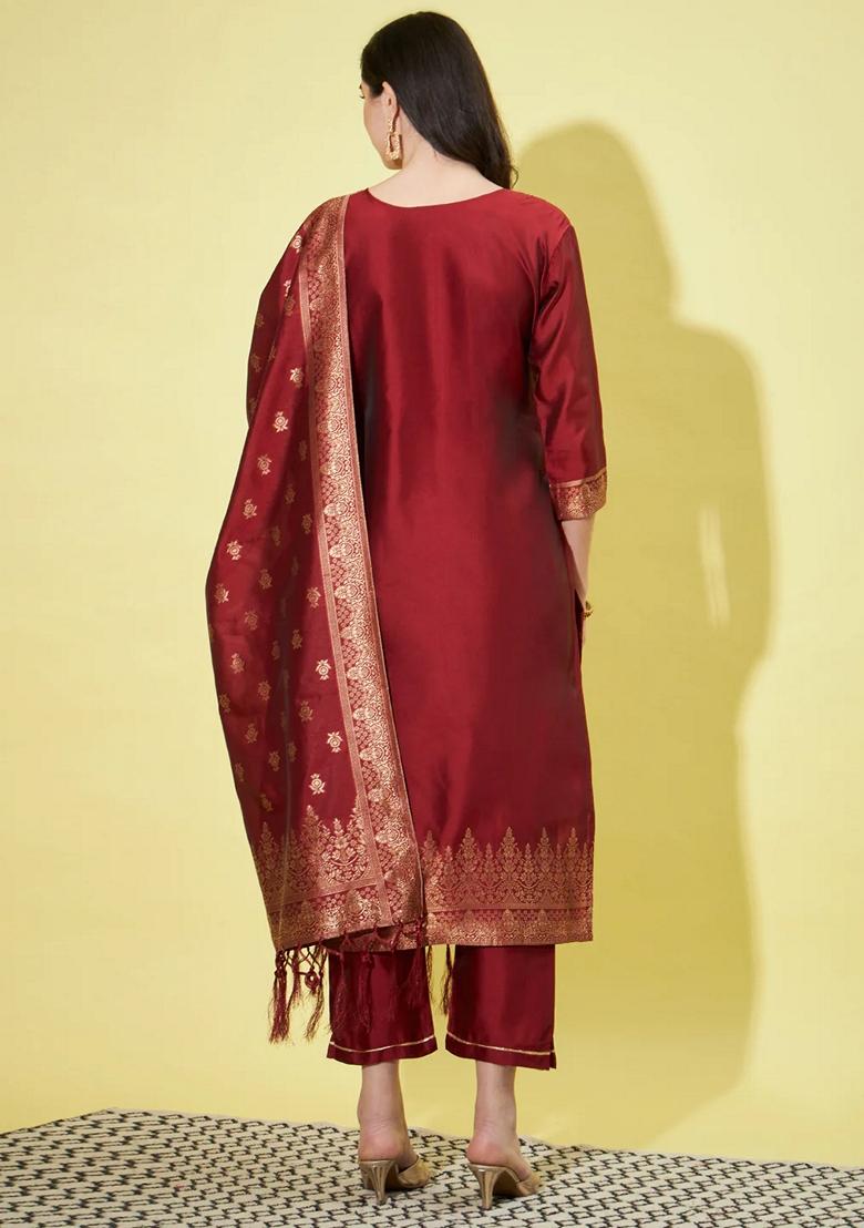 Maroon Banarasi Woven Self Designed Pure Cotton Salwar Kameez With Dupatta