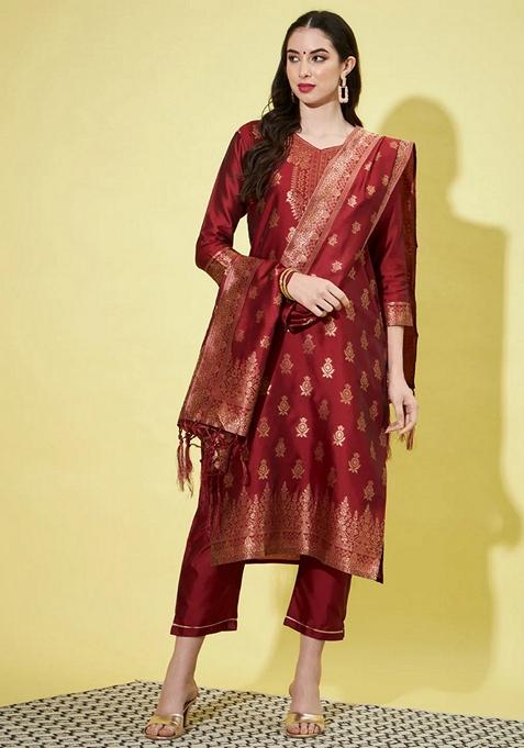 Maroon Banarasi Woven Self Designed Pure Cotton Salwar Kameez With Dupatta