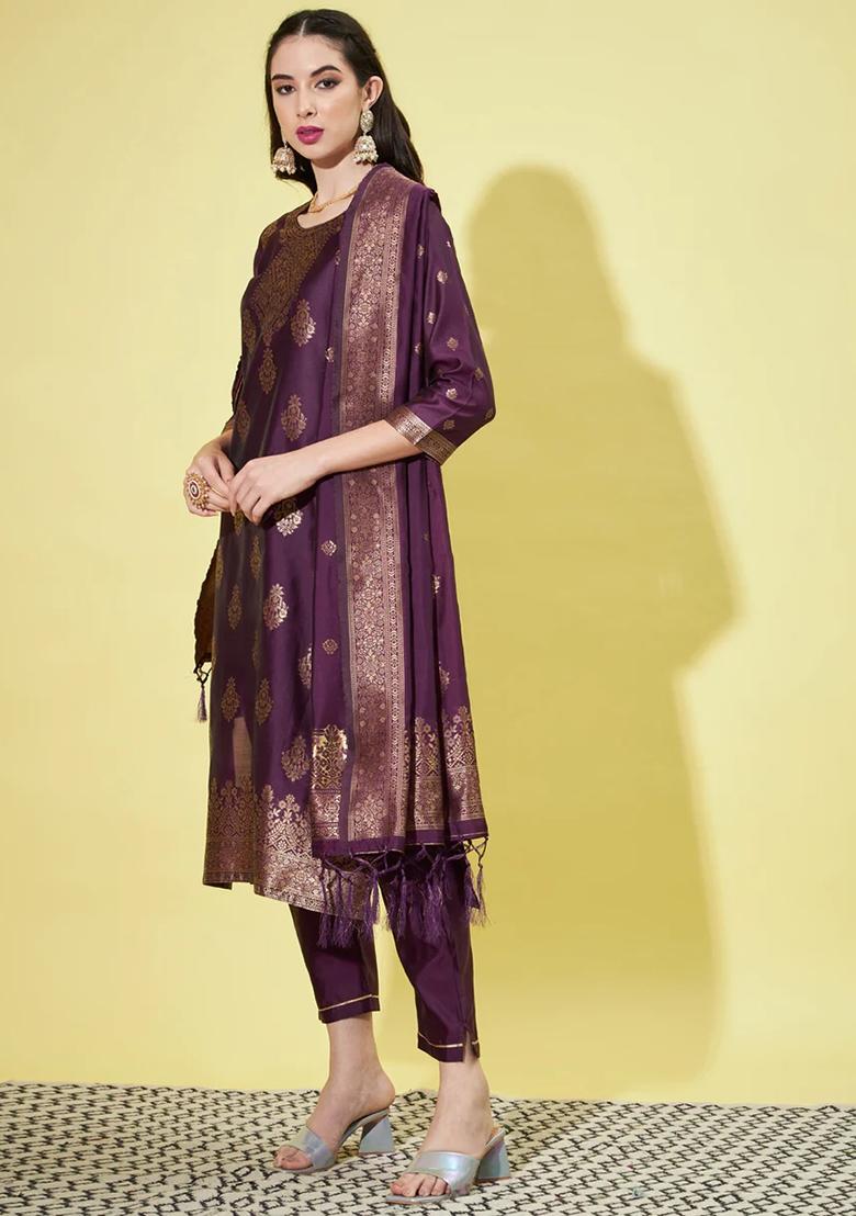 Purple Banarasi Woven Self Designed Pure Cotton Salwar Kameez With Dupatta