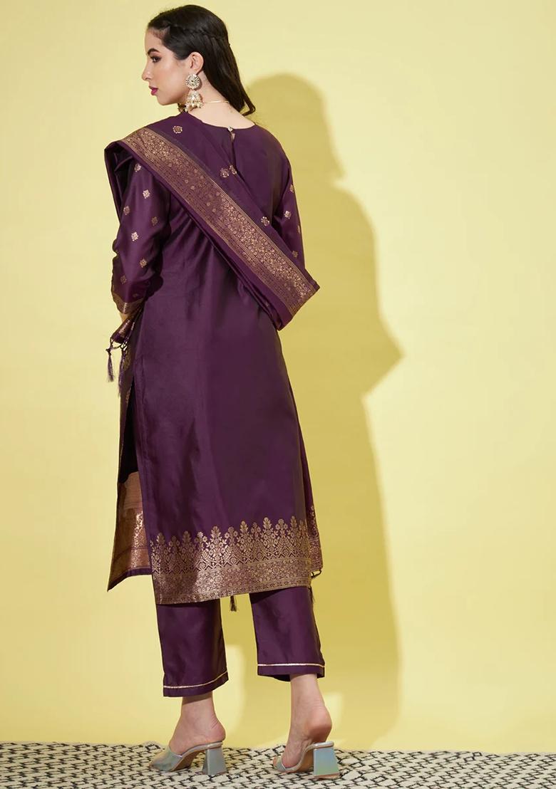 Purple Banarasi Woven Self Designed Pure Cotton Salwar Kameez With Dupatta