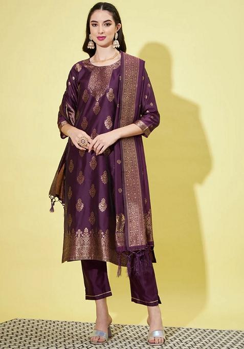Purple Jacquard Cotton Straight Kurta Set — view on Indya