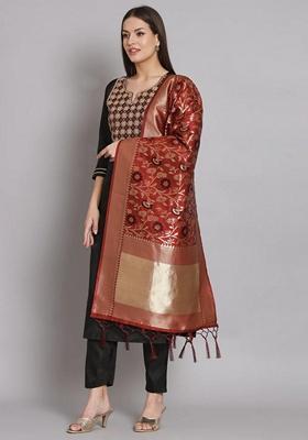 Black Embroidered Pure Cotton Salwar Kameez With Dupatta