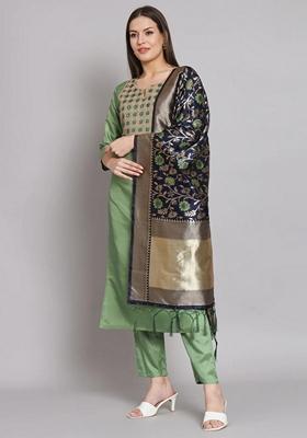 Pista Green Embroidered Pure Cotton Salwar Kameez With Dupatta