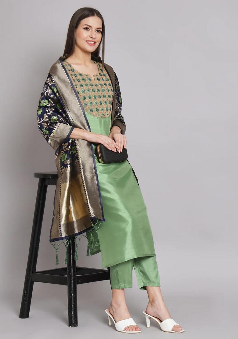 Pista Green Embroidered Pure Cotton Salwar Kameez With Dupatta