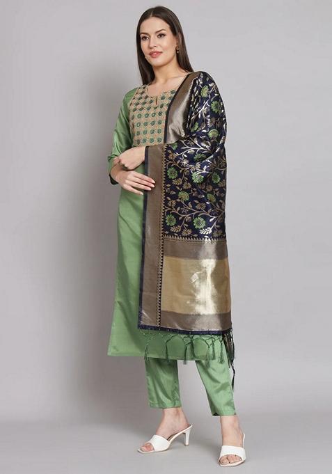 Pista Green Jacquard Cotton Straight Kurta Set