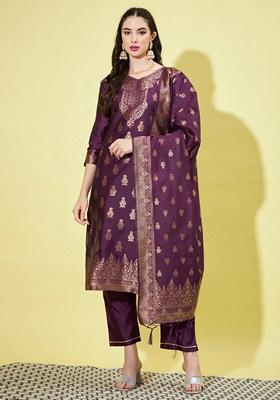 Purple Banarasi Woven Self Designed Pure Cotton Salwar Kameez With Dupatta