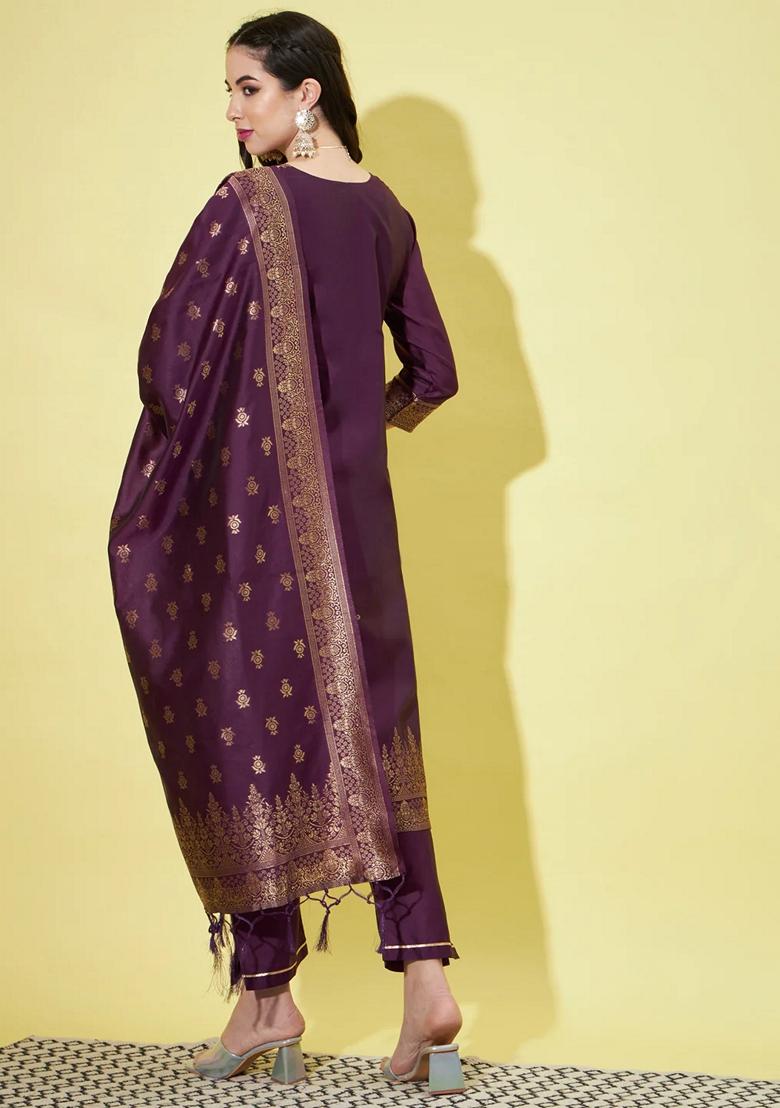 Purple Banarasi Woven Self Designed Pure Cotton Salwar Kameez With Dupatta