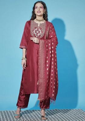 Red Embroidered Pure Cotton Salwar Kameez With Dupatta