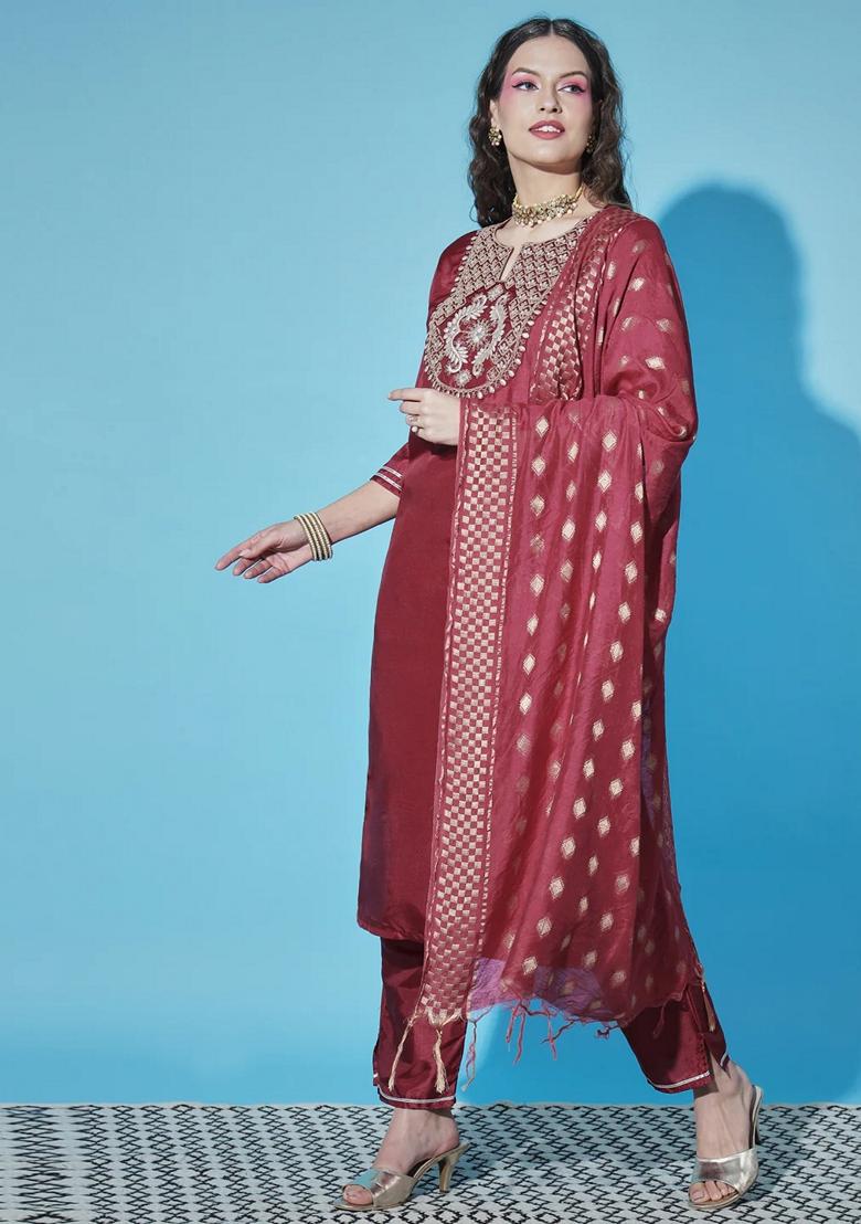 Red Embroidered Pure Cotton Salwar Kameez With Dupatta