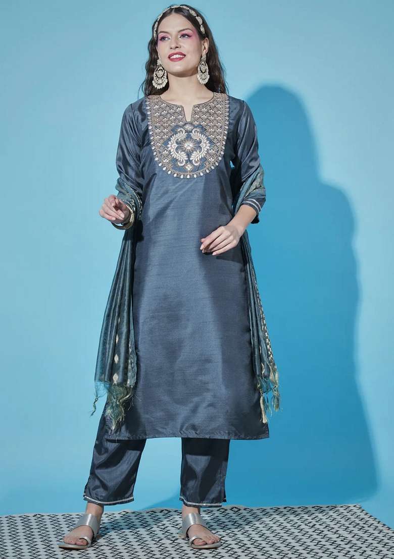 Grey Embroidered Cotton Straight Kurta Set - Indya