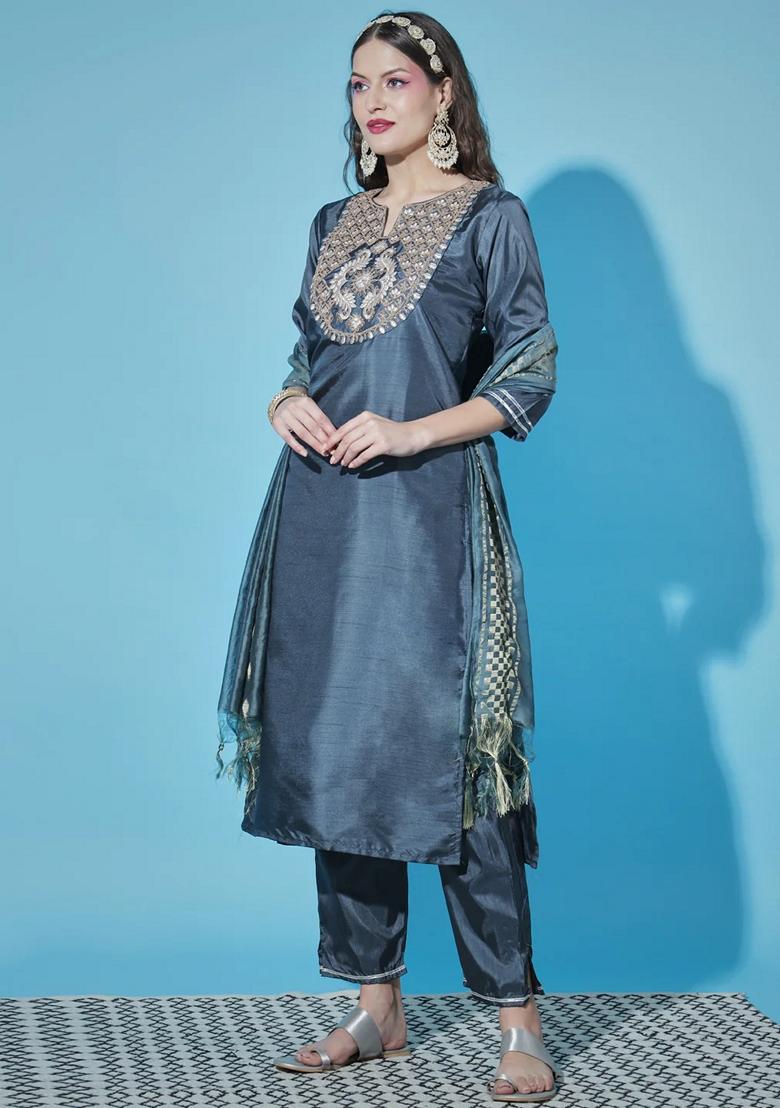 Grey Embroidered Pure Cotton Salwar Kameez With Dupatta