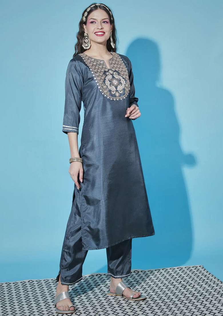 Grey Embroidered Cotton Straight Kurta Set - Indya