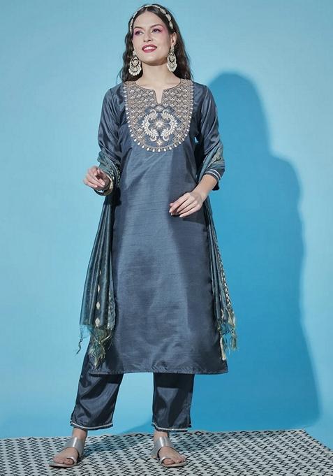 Grey Embroidered Pure Cotton Salwar Kameez With Dupatta