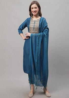 Teal Blue Embroidered Pure Cotton Salwar Kameez With Dupatta