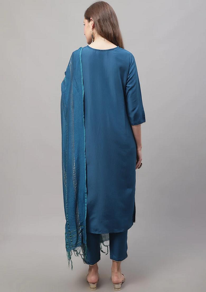 Teal Blue Embroidered Pure Cotton Salwar Kameez With Dupatta