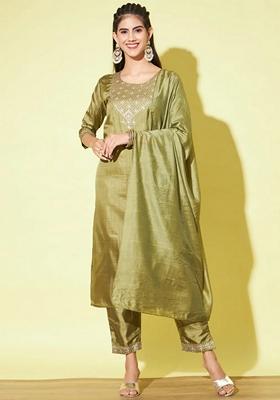 Mehendi Green Embroidered Chanderi Salwar Kameez With Dupatta