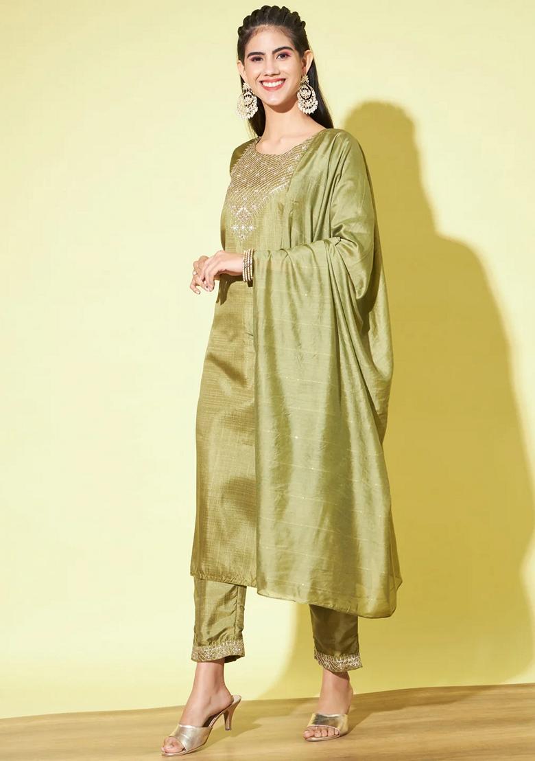 Mehendi Green Embroidered Chanderi Salwar Kameez With Dupatta