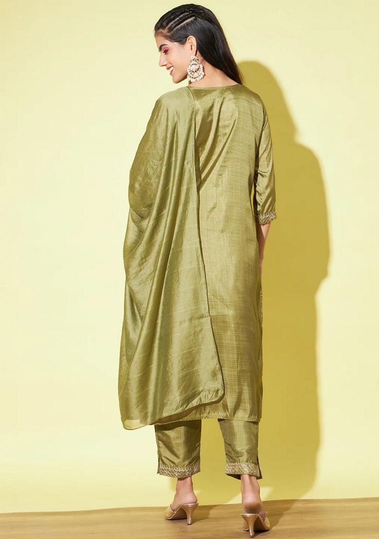 Mehendi Green Embroidered Chanderi Salwar Kameez With Dupatta