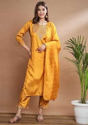Mustard Yellow Embroidered Chanderi Salwar Kameez With Dupatta