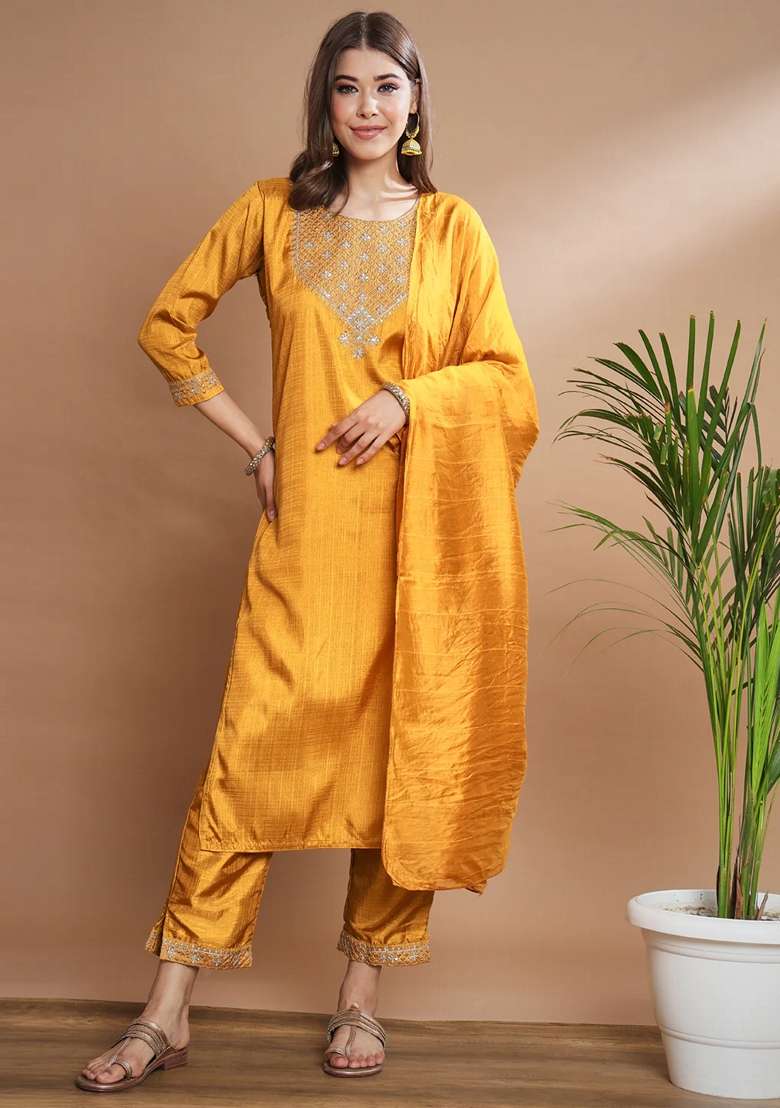 Mustard Yellow Embroidered Chanderi Salwar Kameez With Dupatta - Indya