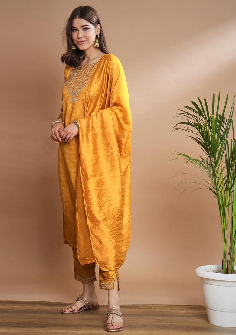 Mustard Yellow Embroidered Chanderi Salwar Kameez With Dupatta