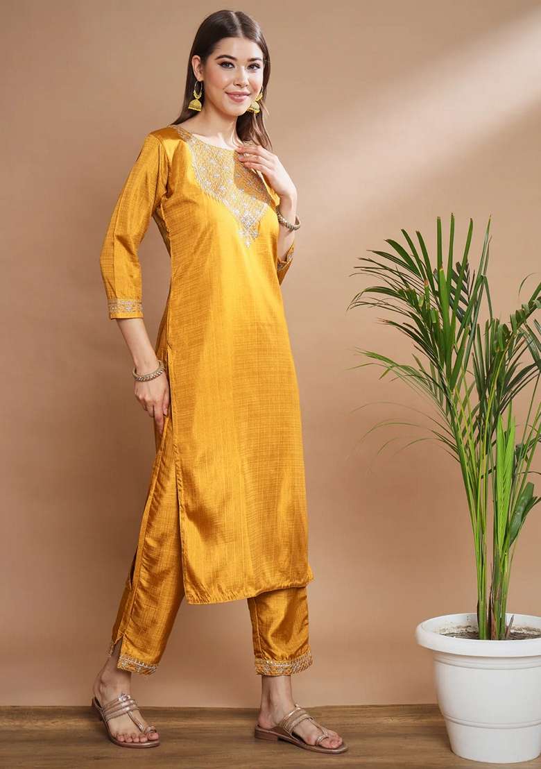 Mustard Yellow Embroidered Chanderi Salwar Kameez With Dupatta - Indya