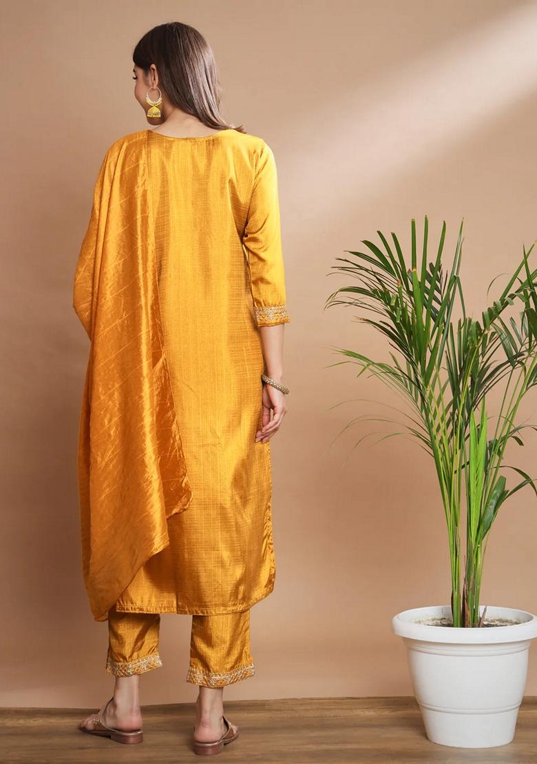 Mustard Yellow Embroidered Chanderi Salwar Kameez With Dupatta