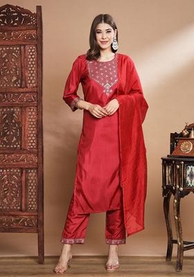 Red Embroidered Chanderi Salwar Kameez With Dupatta