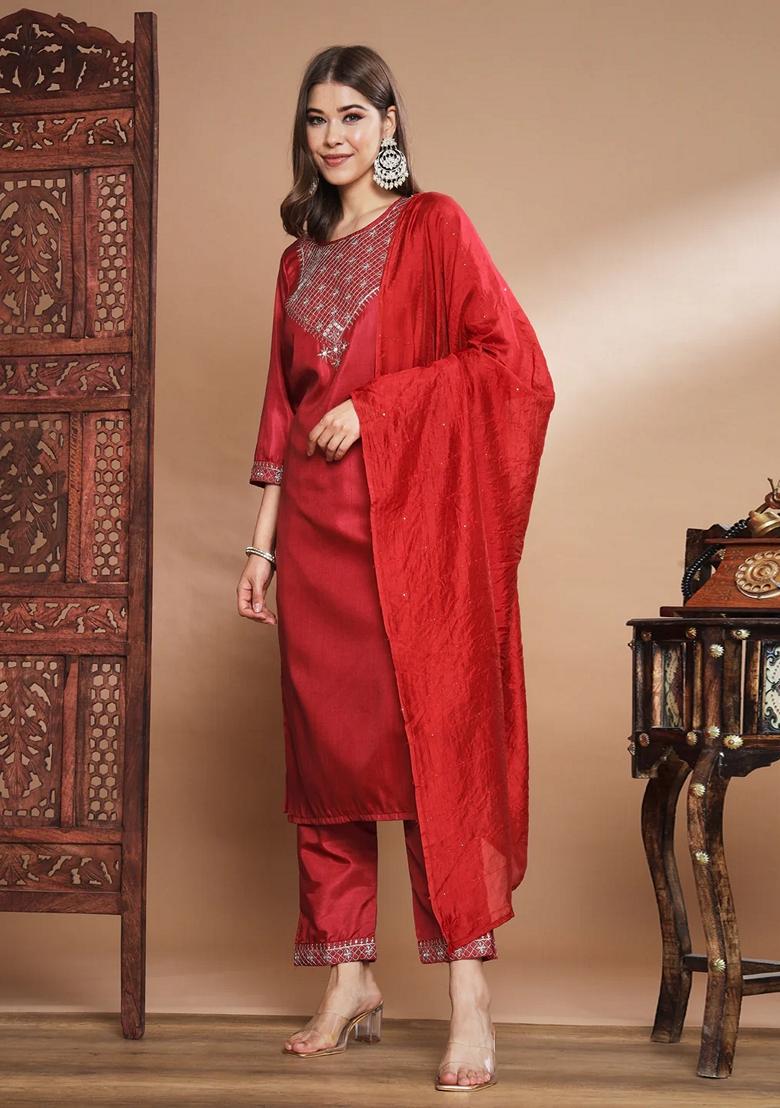 Red Embroidered Chanderi Salwar Kameez With Dupatta
