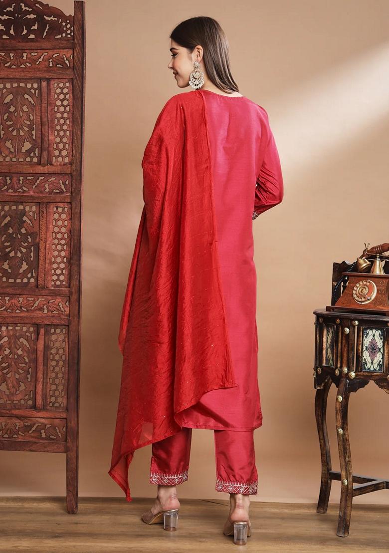 Red Embroidered Chanderi Salwar Kameez With Dupatta