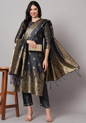 Grey Banarasi Woven Self Designed Pure Cotton Salwar Kameez With Dupatta