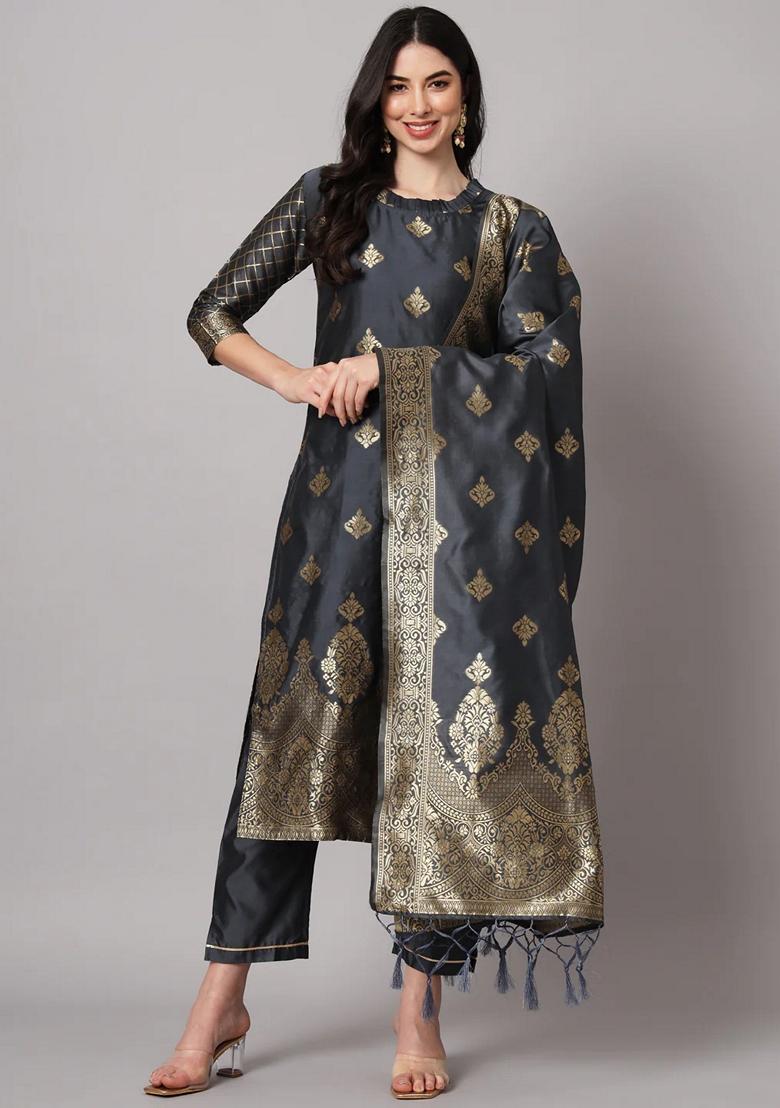 Grey Banarasi Woven Self Designed Pure Cotton Salwar Kameez With Dupatta