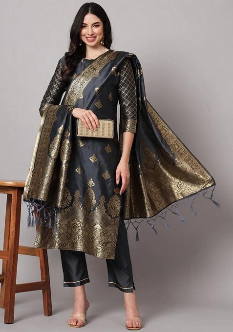 Grey Banarasi Woven Self Designed Pure Cotton Salwar Kameez With Dupatta
